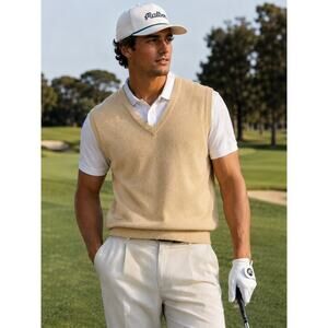 Tuttle Golf Collection Alpaca Sleeveless V-Neck Pullover Golf Vest Beige Mens L